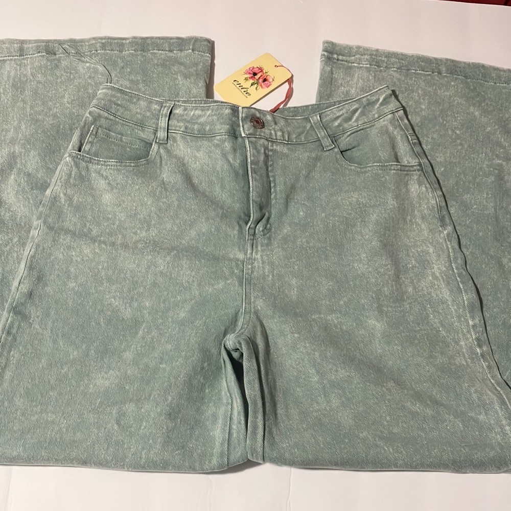 NWT Entro Pants Size Large New With Tags Mint Wide Leg Acid Wash High Ri…